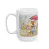 Whimsical Rainy Day Ceramic Mug — Cottage & Umbrella Illustration (11oz, 15oz)