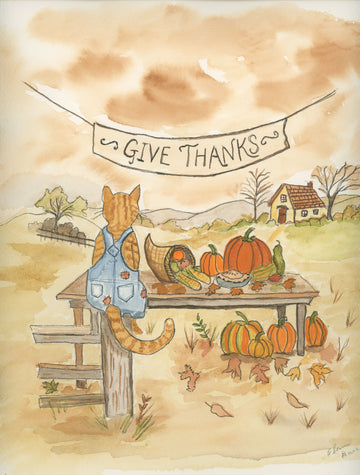 Orange Tabby Celebrating Thanksgiving  Watercolor Print