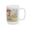 Whimsical Rainy Day Ceramic Mug — Cottage & Umbrella Illustration (11oz, 15oz)