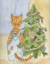 Orange Tabby Celebrating Christmass  Watercolor Print