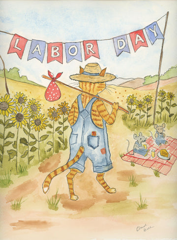 Orange Tabby Celebrating Labor Day Watercolor Print