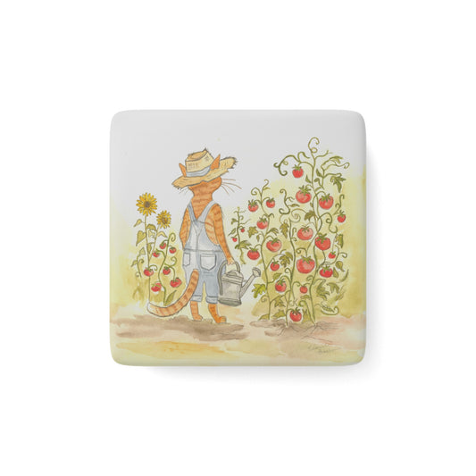 Ssmile!  It's Stanley On A Porcelain Magnet — Watercolor Cat Gardener with Tomato Plants