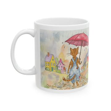 Whimsical Rainy Day Ceramic Mug — Cottage & Umbrella Illustration (11oz, 15oz)