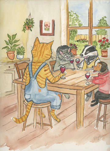 Orange Tabby Cat-Wine With Friends  Watercolor Print