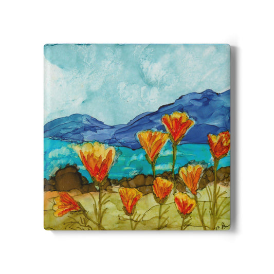 Ceramic Coaster — Watercolor California Poppies Beach Scene