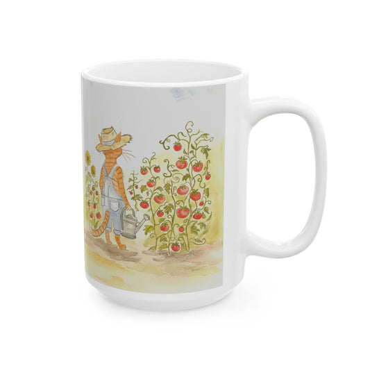 Stanley The Garden Cat Ceramic Mug — Cute Watercolor Floral Coffee Cup (11oz, 15oz)