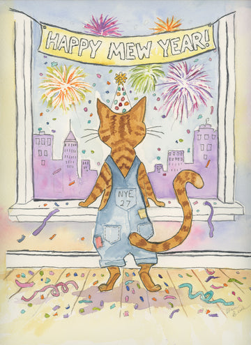 Orange Tabby Celebrating New Years  Watercolor Print