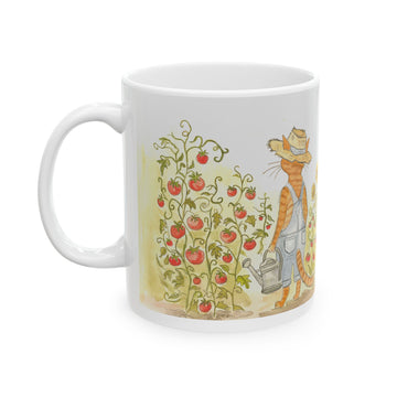 Stanley The Gardening Cat Ceramic Mug – Whimsical Sunflower & Tomato Farmhouse Coffee Cup