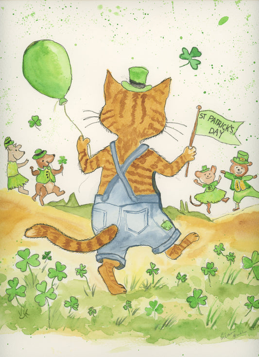 Orange Tabby Cat Celebrating St Patrick's  Watercolor Print