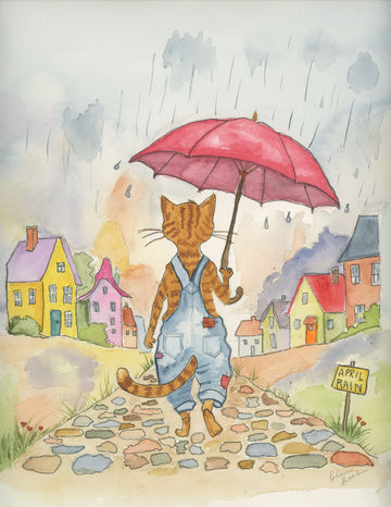 Orange Tabby Enjoying April Showers  Watercolor Print