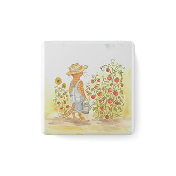 Garden Cat Porcelain Magnet — Whimsical Tomato Patch Square Magnet
