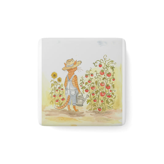 Garden Cat Porcelain Magnet — Whimsical Tomato Patch Square Magnet