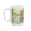 Cozy Cat in Overalls Ceramic Mug — Woodland Morning Coffee Cup (11oz, 15oz)