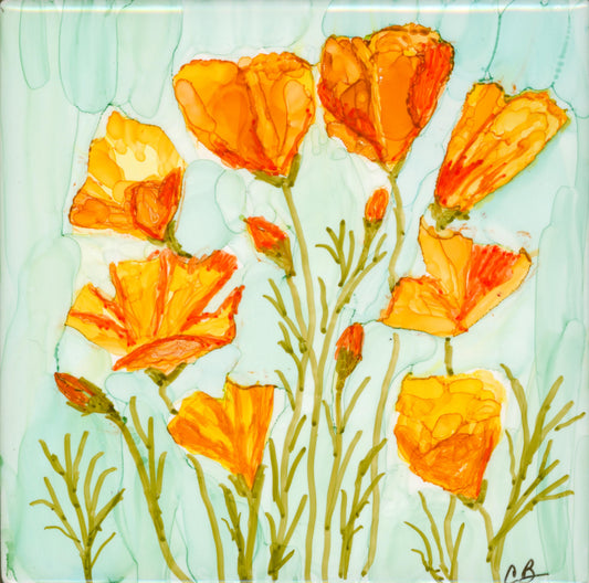 California Poppies — Original Alcohol Ink Painting on 4x4 Ceramic Tile