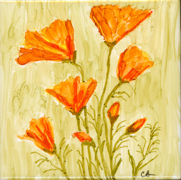California Poppies with Willow Green — Original Alcohol Ink Painting on 4x4 Ceramic Tile