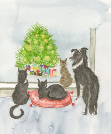 Border Collie and Friends Watching for Santa Watercolor Art Print
