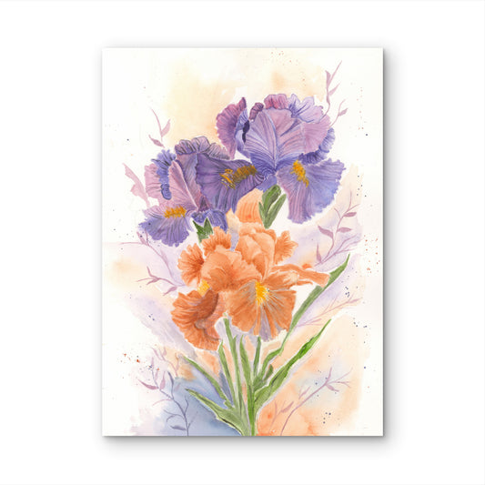 Purple & Salmon Iris Flowers – Watercolor Print