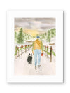 Old Timer Walking His Border Collie – Holiday Watercolor Art Print