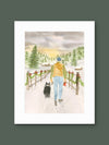 Old Timer Walking His Border Collie – Holiday Watercolor Art Print