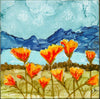 California Poppies & Beach Landscape — Original Alcohol Ink Painting on 4x4 Ceramic Tile