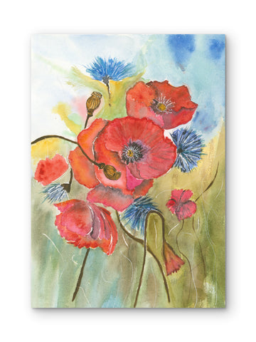 Red Poppies & Blue Cornflowers — Wildflower Field Watercolor Art Print
