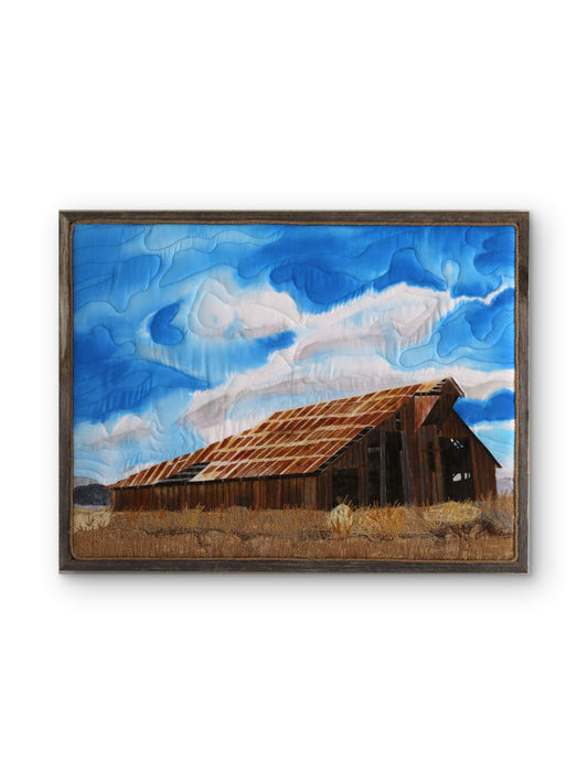 Williams Barn, Rusted Roof — Original Framed Textile Fiber Art Wall Hanging by Claudia Buchanan
