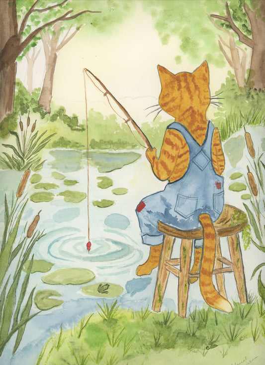 Tabby Cat Fishing at the Pond — Original Watercolor Painting