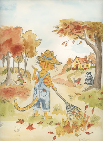 Orange Tabby Cat Raking Fall Leaves — Original Watercolor by Claudia Buchanan