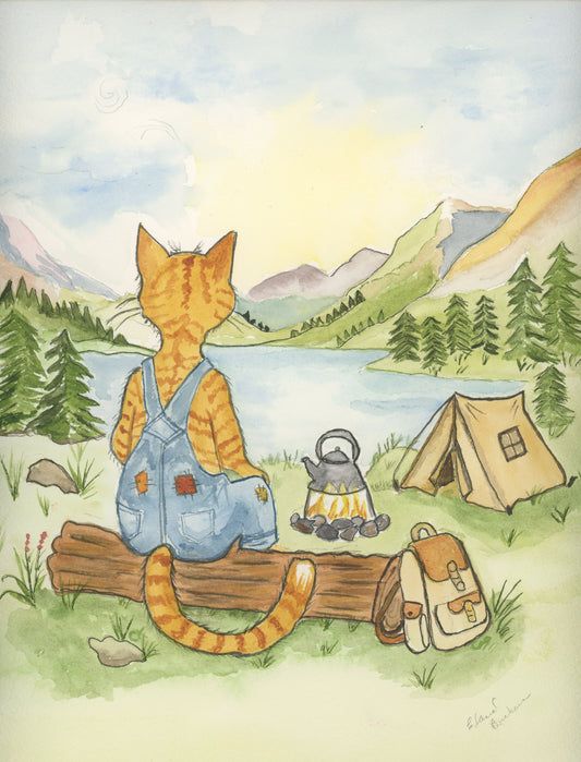 Orange Tabby Camping  Watercolor Print