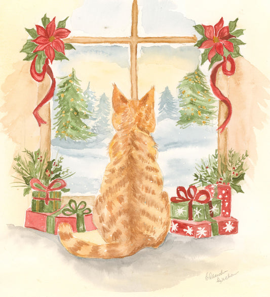 Orange Tabby Cat Watching for Christmas Company Watercolor Art Print