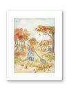 Orange Tabby Cat Raking Fall Leaves — Original Watercolor by Claudia Buchanan