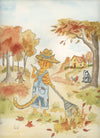 Orange Tabby Cat Raking Fall Leaves — Original Watercolor by Claudia Buchanan