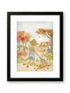 Orange Tabby Cat Raking Fall Leaves — Original Watercolor by Claudia Buchanan