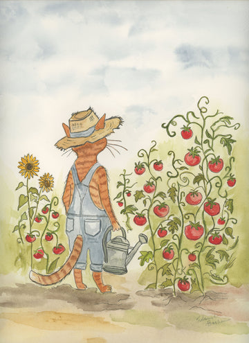 Orange Tabby Cat Picking Tomatoes Watercolor Print