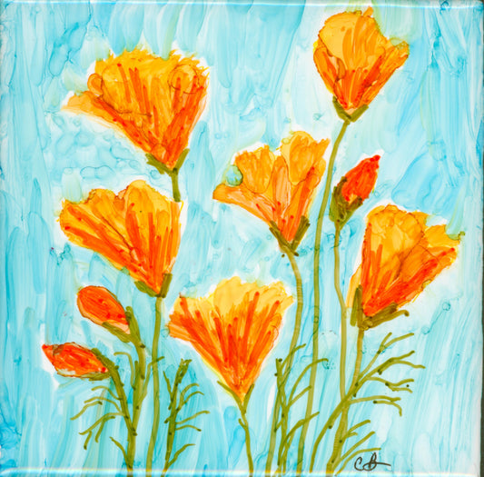 California Poppies with Baja Blue — Original Alcohol Ink Painting on 4x4 Ceramic Tile