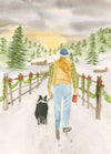 Old Timer Walking His Border Collie – Holiday Watercolor Art Print
