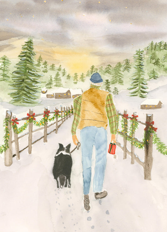 Old Timer Walking His Border Collie – Holiday Watercolor Art Print