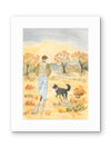 Evening Walk with Border Collie Near the Orchard – Fall Watercolor Art Print