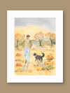 Evening Walk with Border Collie Near the Orchard – Fall Watercolor Art Print