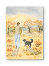 Evening Walk with Border Collie Near the Orchard – Fall Watercolor Art Print
