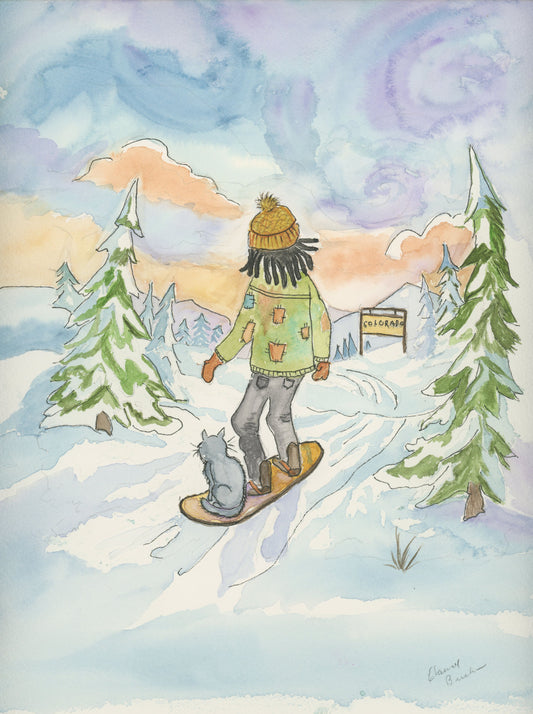 Hitting The Slopes with Smokey  Watercolor  Art Print