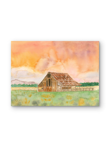Rusty Roof Barn at Sunset — Northern California Watercolor Art Print